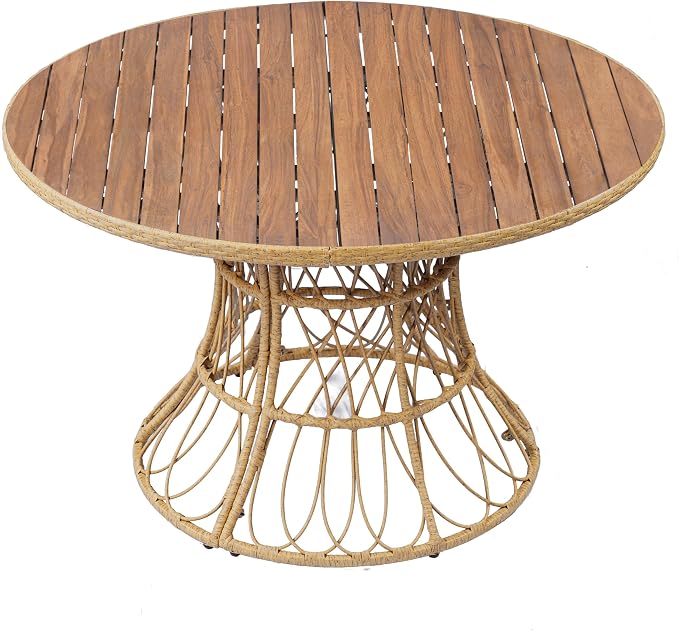 IRONORA Natural Acacia Wood Top Round Patio Dining Table, Woven Rattan Hourglass Base Outdoor Bistro Table, 4-6 Person Wooden Slatted Top Table for Backyard Balcony Garden Coastal Decor