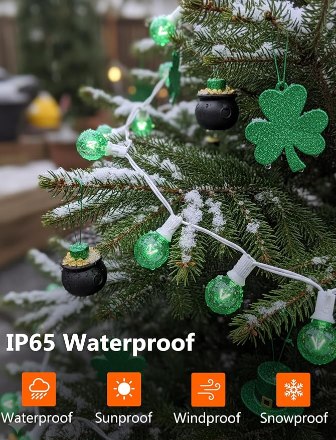 G40 Green St. Patrick’s Day Globe String Lights, 25Ft Outdoor St. Patrick’s Day Decorations Lights with 27 Green Incandescent Bulbs, Hanging Patio Lights Waterproof for Christmas Wedding Party Garden