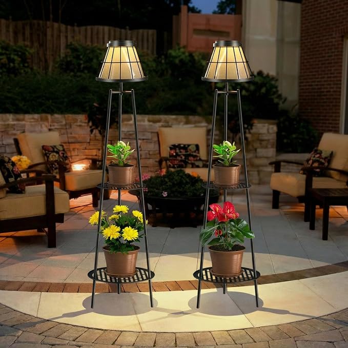 2 Pack Solar Floor Lamps Outdoor with 2-Tier Plant Stand, Metal Tall Planter Holder with Waterproof LED Lantern, Decorative Patio Light & Flower Pot Display Rack for Garden, Deck, Porch, Balcony