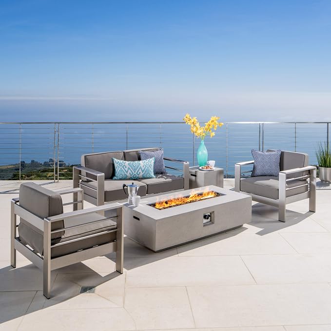 Christopher Knight Home Cape Coral Outdoor Chat Set with Fire Table, 5-Pcs Set, Khaki / Light Grey
