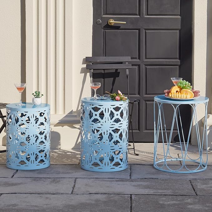 Y&M Set of 3 Metal Round Patio Side Tables, Multifunctional Coffee Table End Table for Indoor & Outdoor Garden Stool Modern Design - Blue