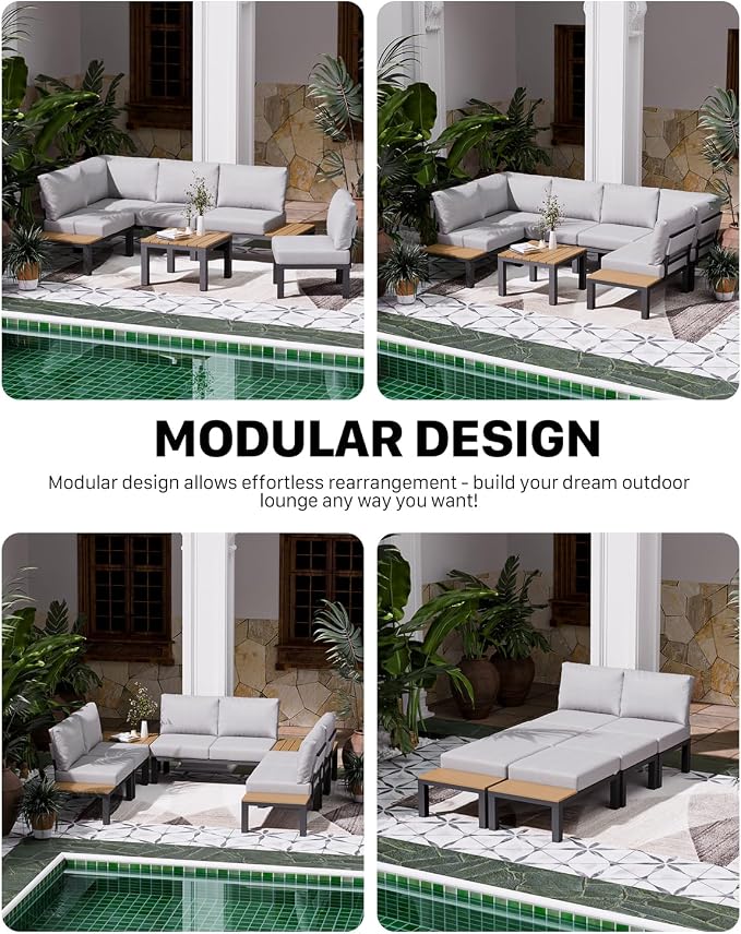 ZANDOR Aluminum Outdoor Modular Patio Furniture Set,10 Seat | Rustproof,High weight capacity,Water-repellent,Washable Cover,All-Weather Resistant,Easy clean,for Poolside Backyard Deck