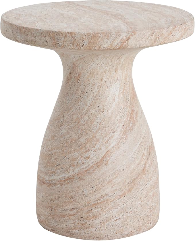 Concrete Side Table, Travertine Finish, 23 in Beige | Indoor outdoor use, lightweight concrete, travertine-look hourglass, 23 x 20 in, no assembly