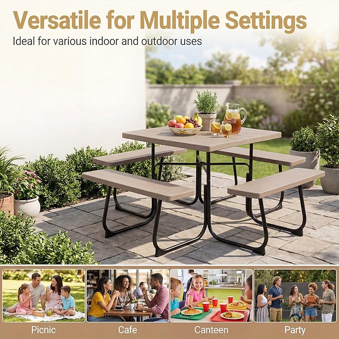 HAPPYGRILL 4-8 Person Square Picnic Table Bench Set with Umbrella Hole, Outdoor Camping Table with HDPE Material and Sturdy Metal Frame for Patio, Garden and Backyard
