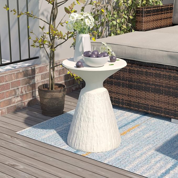 COSIEST Set of 2 Outdoor Side Table, White Mushroom Shaped MgO Accent Table, Lightweight Patio End Table with Rotund Base, Round Top Plant Stand for Garden and Deck