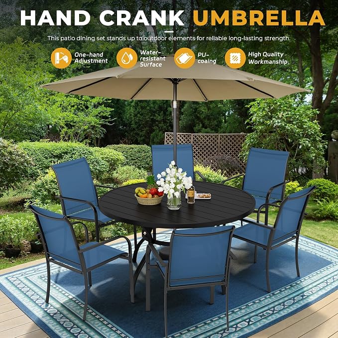 7-Piece Patio Dining Set with Umbrella,6 Person Outdoor Table and Chairs Set, 6 Metal Dining Chairs and Round Outdoor Table with 1.57" Umbrella Hole,Blue