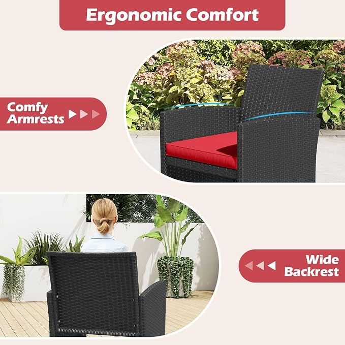 RELAX4LIFE 4-Piece Patio Furniture Set - Wicker Rattan Outdoor Sectional Sofa Set w/Glass Coffee Table, Loveseat, 2 Chairs & Soft Cushions, Bistro Conversation for Garden Porch (1, Black-Red)