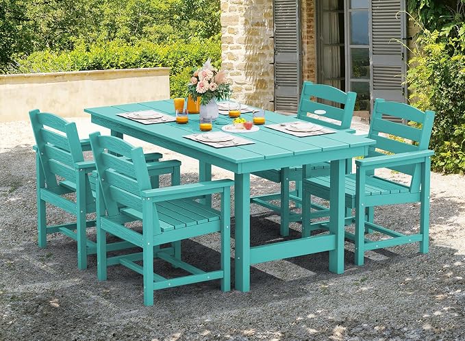 SERWALL 5 Pcs HDPE Patio Dining Set w/Umbrella Hole Table & 4 Chairs, Aruba | HDPE Outdoor Dining Set with Rectangular Table & 4 Chairs, All-Weather Patio Dining Furniture