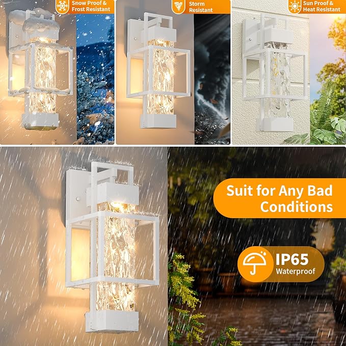 Hotsonic 2 Pack White Dusk to Dawn Outdoor Porch Light Fixtures Wall Mount, 14'' Dimmable Exterior Lighting for Outside, Waterproof Wall Lantern Lamps, Sconce Coach Lights for House, Garage