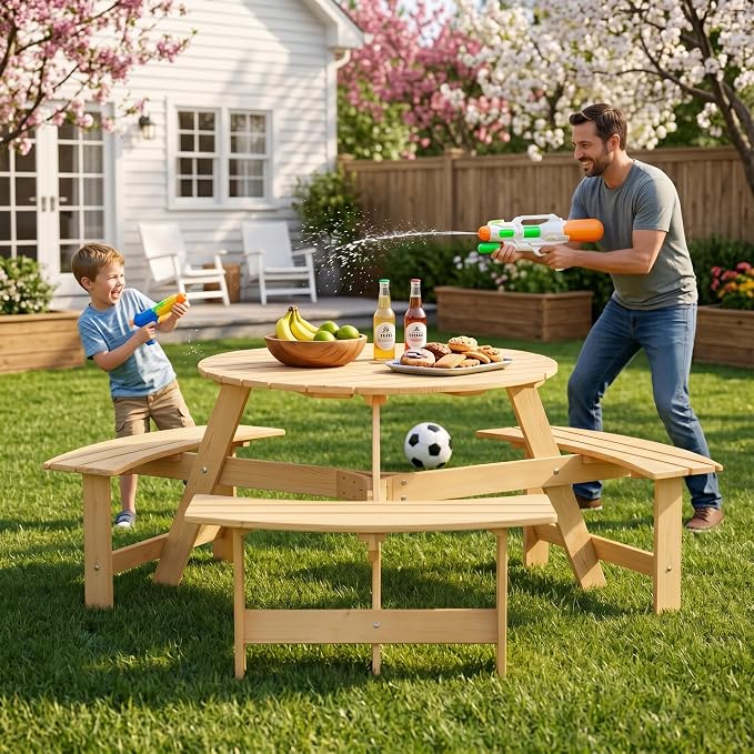 6 Person Wood Dining Table, Outdoor Round Picnic Table with 3 Built-in Benches, Umbrella Hole, Outside Patio Backyard Table and Bench Set, 500lbs Capacity Per Bench (Oak)