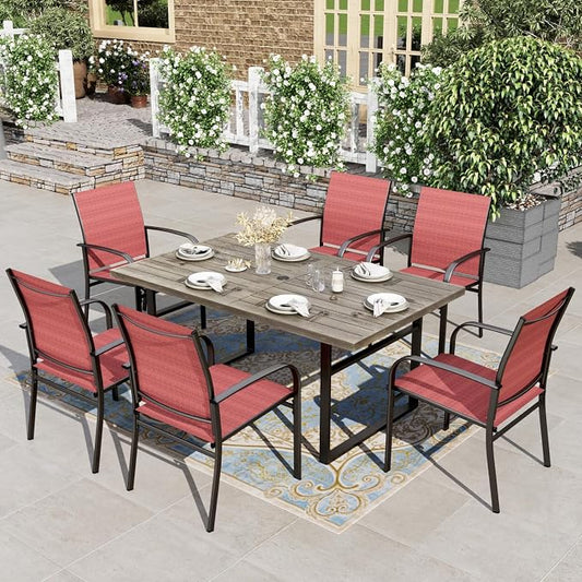 HERA'S HOUSE 7pc Outdoor Patio Dining Set, Wood-Look Metal Table, Red | 6 textilene chairs, 64" rectangular table with umbrella hole. Waterproof, rust-resistant, all-weather for yard, porch
