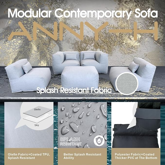 ANNYH Modern Calaluna 5Pc Patio Garden Furniture Sectional Conversation Set Combines 2Middle 2Corner 1Ottoman/CoffeeTable -Exp Foam Filling Chairs - UNIQUE Modular Contemporary Sofa (Cloud Gray)