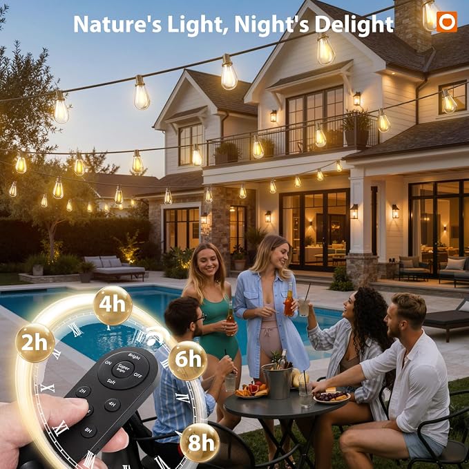 addlon 54FT(48FT+6) Solar String Lights Outdoor, Waterproof, Last 20+ Hrs | 16 Shatterproof LED Bulbs, USB Charging, Dimmable, Timer Remote, Easy Install for Garden, Backyard, Pergola and Party