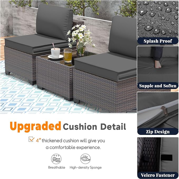 Patio Furniture Set 9 Pieces Outdoor Sectional Sofa Set,All Weather Wicker Patio Sofa PE Rattan Patio Conversation Set w/Cushions and Glass Coffee Table,Grey