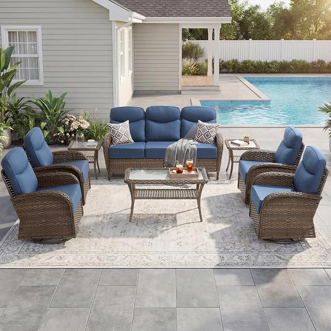 High Back Luxury Patio Furniture Set with 6-inch Thick Cushion, Swivel Rocker Patio Chairs Set of 4 with Outdoor Couch, 8 Piece Wicker Conversation Set for Deck Yard Garden Balcony Blue