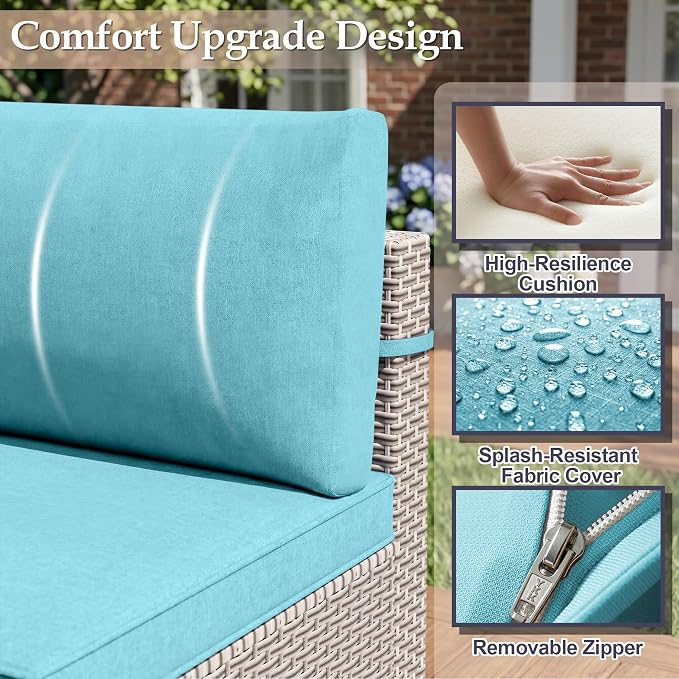 Patio Furniture Set, 7-Piece Outdoor Sectional Sofa with 2-Layer Glass Coffee Table, Wicker Patio Conversation Set with Cyan Cushions for Backyard, Poolside, Porch