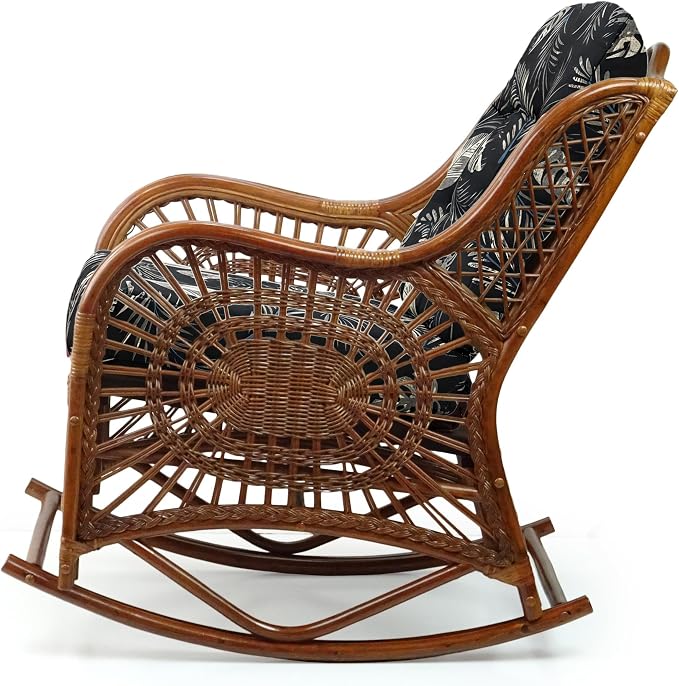 Malibu Handmade Natural Rattan Living Room Set of 2 Rocking Lounge Chairs and Round Coffee Table with Glass, Colonial Color with Black Leaf Cushions