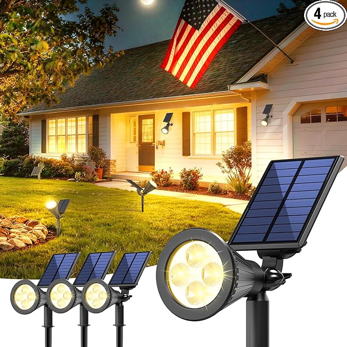 JEJOT 4 Pack Solar Lights Outdoor Waterproof,Warm White Light,2 Lighting Modes,Solar Powered Spotlights for Yard Garden Solar Spot Lights for Flag Landscape Auto On/Off