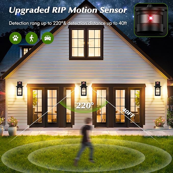 2-Pack Motion Sensor Outdoor Wall Lights, Modern Porch Lights | Auto ON/OFF, 3 Lighting Modes, Waterproof, Rust-Resistant, Aluminum Frame & Sturdy Glass, Easy to Install