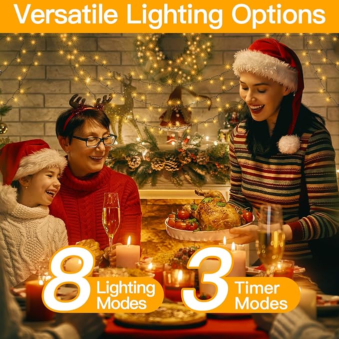 Ollny Christmas Lights 262FT 800LED, Plug-in Outside Tree Lights with Timer and 8 Modes, Remote Control Waterproof Dimmable Outdoor String Light for House Yard Patio Xmas Decorations(Warm White)