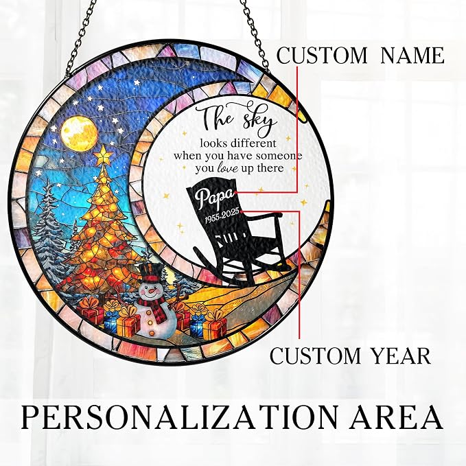 Personalized Memorial Stained Glass Suncatcher — “Forever in Our Hearts” Christmas Ornament, in Loving Memory Gift, Custom Photo Remembrance Keepsake for Loss of Loved One