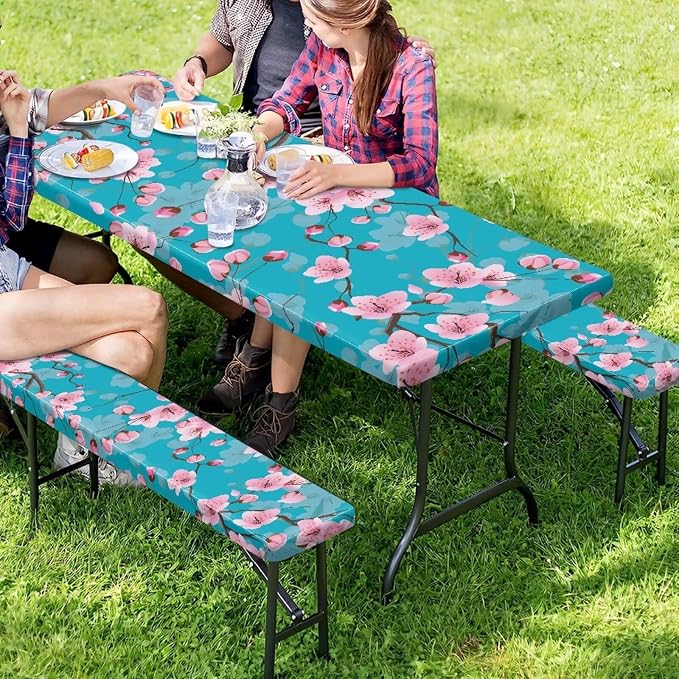Cherry Blossom Table Cover with Bench Covers Washable Rectangle Table Cover Outdoor Patio Camping Essentials Picnic Table and Chair Decorative Cover Suitable for Thanksgiving