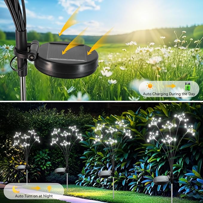 Solar Garden Lights 2 Pack Waterproof Solar Swaying Starburst Light Outdoor Lights for Yard Patio Walkway Pathway Party Wedding Christmas Decoration, White