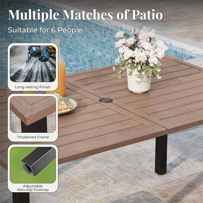 MIXPATIO Patio Table and Chairs Set, Outdoor Dining Set for 6 with Blue Chairs and Teak Color Tabletop Outdoor Dining Table, 7-Piece Patio Furniture Set for Deck Backyard Lawn