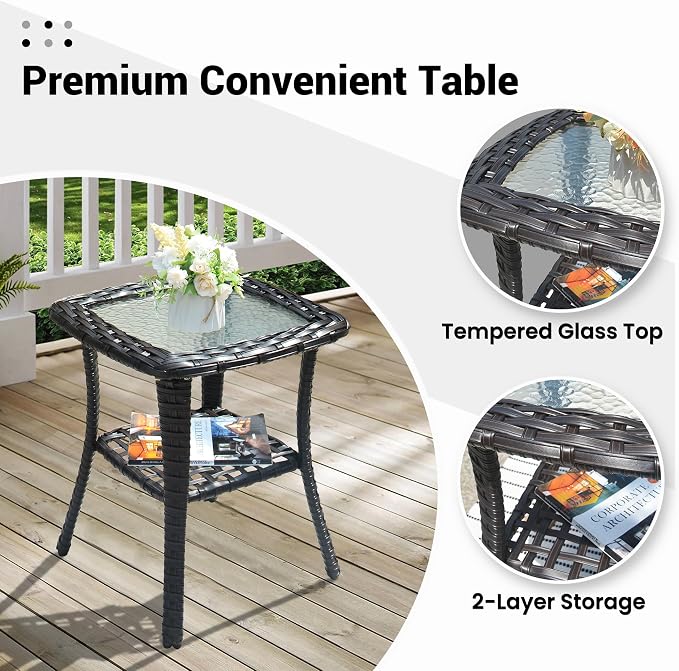 ovios Outdoor Side Table with Tempered Glass Top, Patio Wicker Rattan 2-Tier Storage Coffee End Tables for Porch Deck Balcony Garden Poolside (Brown-Small Size)