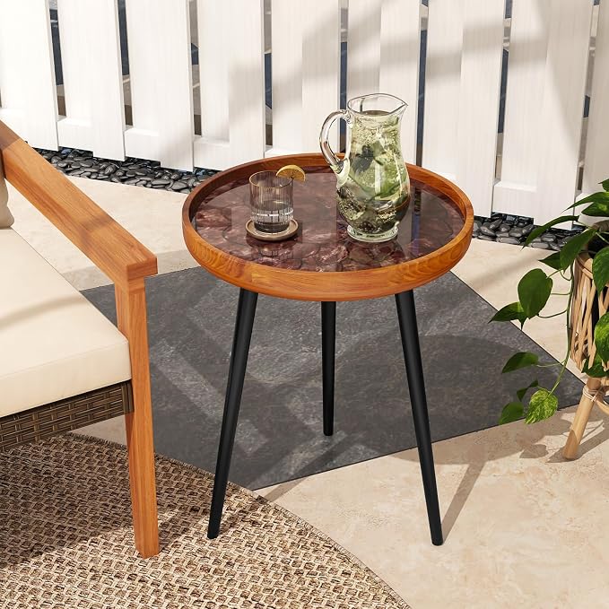 Giantex Outdoor Side Table, Round End Table with Epoxy Resin Finish, Sea Shell Decoration, Mahogany Wood Frame, Tray Top, Patio Side Table for Living Room, Pool, Yard, Porch (Brown, 16” x 16” x 19.5”)