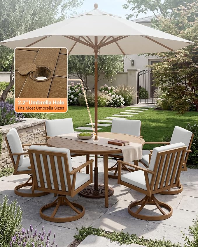 7-Piece Round Outdoor Dining Set, Never-Rust Aluminum Patio Swivel Dining Set, 51" Oversize Patio Dining Table with 6 Swivel Chairs, Outdoor Round Dining Sets for Backyard, Deck, Garden, Teak