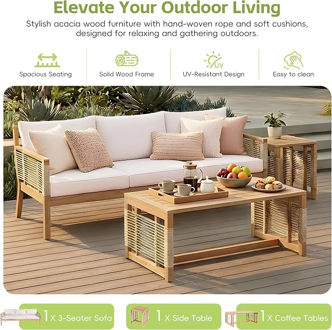 3-Piece Patio Conversation Set, All Weather Acacia Wood 3-Seater Sofa with Cushions, 2 Coffee Tables and Woven Rope Accents, Outdoor Furniture Set for Garden, Backyard, Poolside