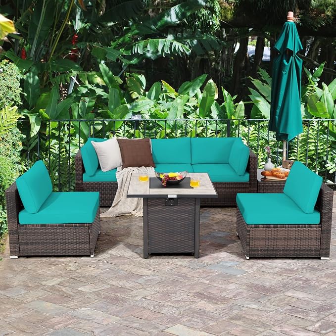 Tangkula 7 Piece Patio Furniture Set with Fire Pit Table, Patiojoy Outdoor PE Wicker Conversation Sectional Sofa Set with 30 Inches 50,000 BTU Propane Fire Pit Table, Waterproof PVC Cover (Turquoise)