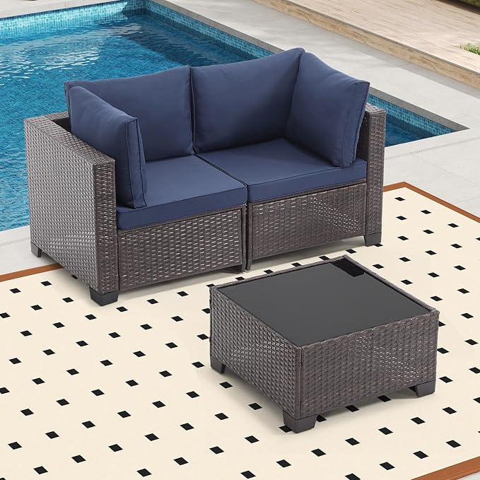 Bonzy Home 3 Pieces Outdoor Patio Furniture Set, PE Rattan Outdoor Sectional Furniture Sofa Set with Removable Cover and Glass Coffee Table, Patio Sofa for Balcony, Porch, Garden, (Brown-Navy Blue)