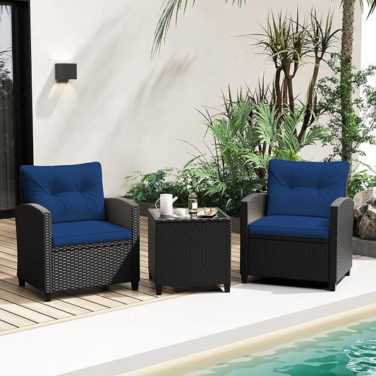 RELAX4LIFE 3-Piece Patio Furniture Set - Wicker Rattan Bistro Sofa w/Glass Top Coffee Table, Washable Cushions for Porch Balcony Backyard Poolside, Outdoor Conversation Set (Navy)