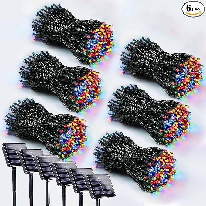 Solar Christmas Lights Outdoor 6 Pack 600 LED Solar String Light Multicolor | 8 Lighting Modes, Memory Function, Auto On/Off, 198FT Waterproof Twinkle Lights for Outside Porch Fence Balcony Decorations