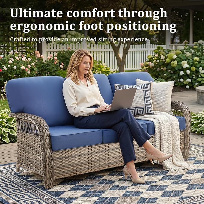 10 PCS Patio Furniture Set Outdoor Sectional Sofa Couch with Rocking Swivel Chairs 5" Deep Seat Chairs, Modern Wicker Rattan Conversation Set, Blue/Gray Wicker
