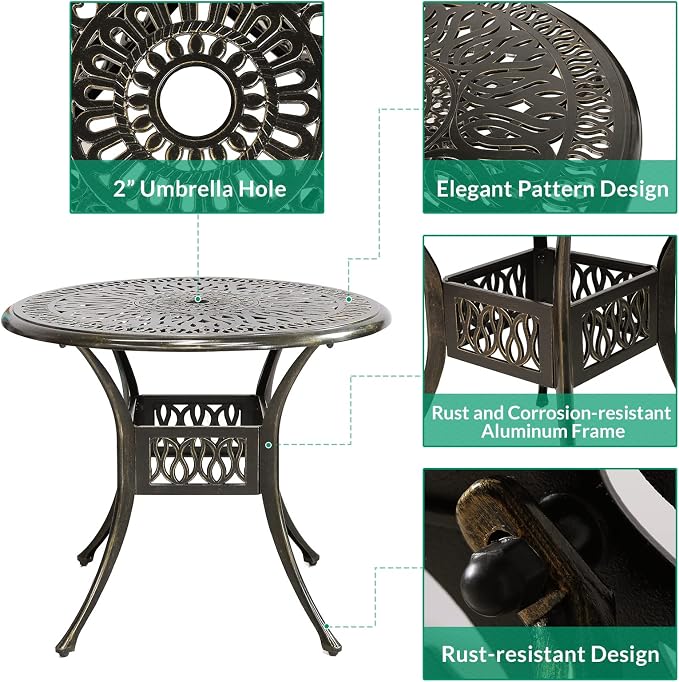 VIVIJASON 5-Piece Outdoor Patio Dining Set, All-Weather Cast Aluminum Conversation Set, Patio Furniture Set for Balcony Lawn Garden, Include 4 Swivel Cushioned Chairs, 1 Round Table w/Umbrella Hole