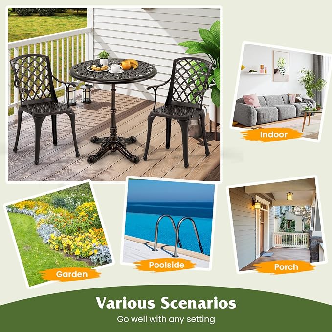 Tangkula 27" Round Cast Aluminum Patio Bistro Table, Weather Resistant Outdoor Dining Table with Hollow Top & Cross Base, Accent Table for Backyard, Garden, Porch, Copper