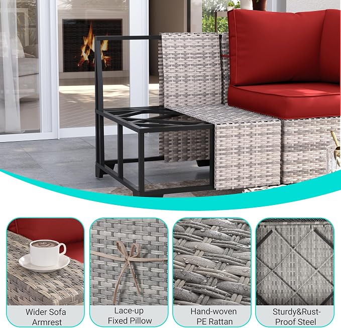 12-Piece Outdoor Patio Furniture Set with Rocking Swivel Chair, PE Wicker Rattan Sectional Sofa 55,000 BTU Fire Pit Table Patio Conversation Set with Ottomans and Chunky Arms, Red