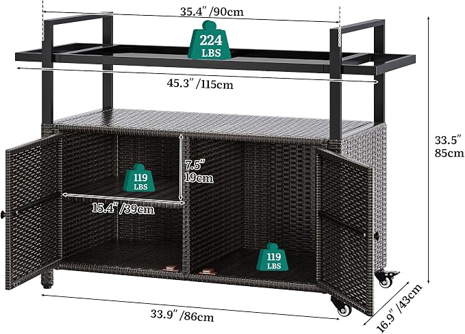 YITAHOME XL Outdoor Storage Cabinet, Outdoor Storage Cart with Wheels and Black Glass Table Top for Patio, Outdoor Cabinet for Poolside and Backyard (Dark Brown)