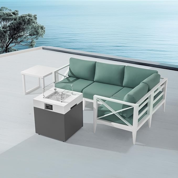 Aluminum Patio Sectional Set with Fire Pit Table – 4-Seat Outdoor Conversation Sofa Set with Corner Seat & 37,000 BTU Gas Firepit, Glass Wind Guard, Weather-Resistant – White