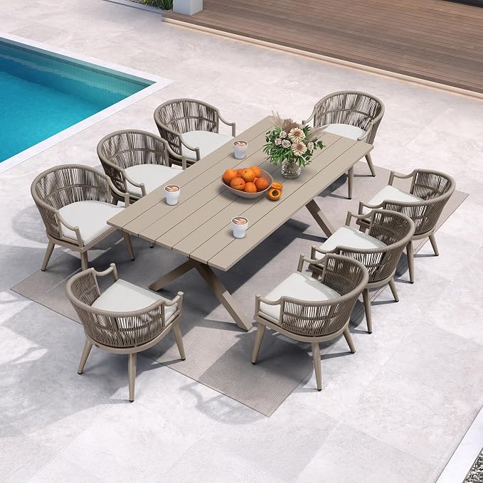 PURPLE LEAF 9 Pieces Outdoor Dining Set All Weather Wicker Patio Dining Set with Rectangular Aluminum Table and Modern Armrest Dining Chairs for Garden Deck Backyard Kitchen, Champagne