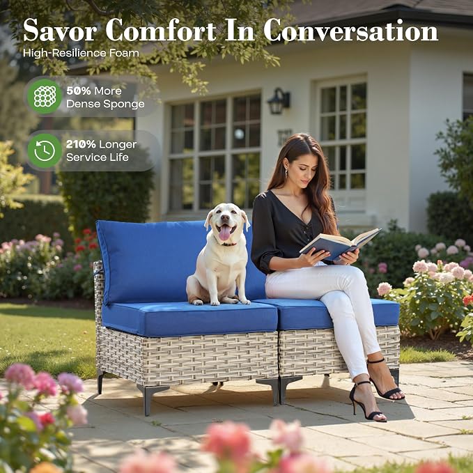 8 Pcs Patio Furniture with Fire Pit Table, Outdoor Rattan Wicker Conversation Set with Glowing Coffee Table, Comfy Sectional Sofa for Porch Balcony Backyard Pool, Blue