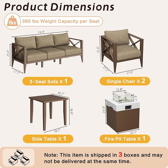 Aluminum Patio Furniture Set, 7-Piece Oversized Outdoor Conversation Set with Fire Pit Table & Coffee Table, All Weather Modern Brown Sofa for Deck, Garden, Poolside