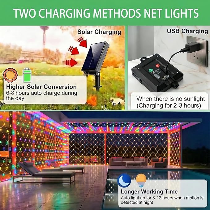 Pooqla Solar Net Lights, 10x10ft 280LED Gazebo Net Lights Outdoor with 8 Modes, Solar & USB Powered Waterproof String Lights Clear Wire, Chandelier for Pergolas, Patio, Bush, Backyard Decor Colorful