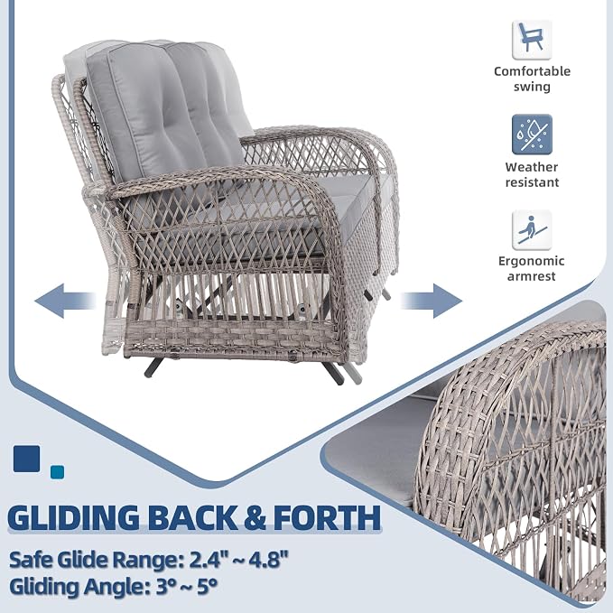 7-Piece Wicker Patio Furniture Sets Outdoor All-Weather Rattan Conversation Set Includes Glider Loveseat, 2 Glass-Top Coffee Tables, 2 Swivel-Gliders Chairs for Porch Backyard, Gray