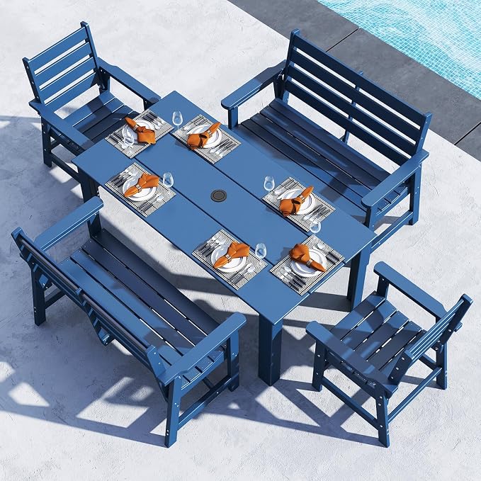 BRIOPAWS Outdoor-Dining-Table-Set | 5 Piece | HDPE | 2 Benches and 2 Chairs Sets for 6 | Patio Dinner Furniture | All Weather | Umbrella Hole | for Poolside Deck Backyard Outdoors | Blue