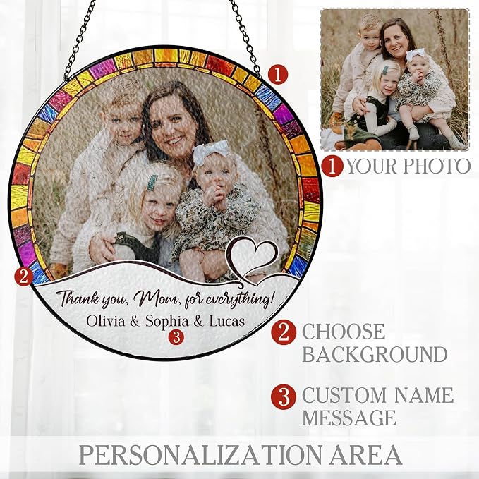 Thank You Mom Personalized Photo Stained Glass Window Hanging Suncatcher - Custom Photo, Message, Name-Keepsake Mother's Day, Birthday Gift- Heartfelt Home Decoration (Thank You Mom)