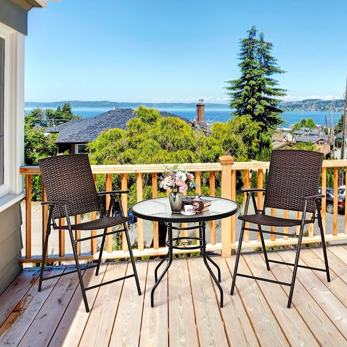 DREAMADE 32 Inch Patio Table, Outdoor Dining Furniture w/ 1.65” Umbrella Hole, Sturdy Metal Frame with Tempered Glass Top, Small Accent Bistro Coffee Table for Deck, Balcony, Garden, Pool, Backyard